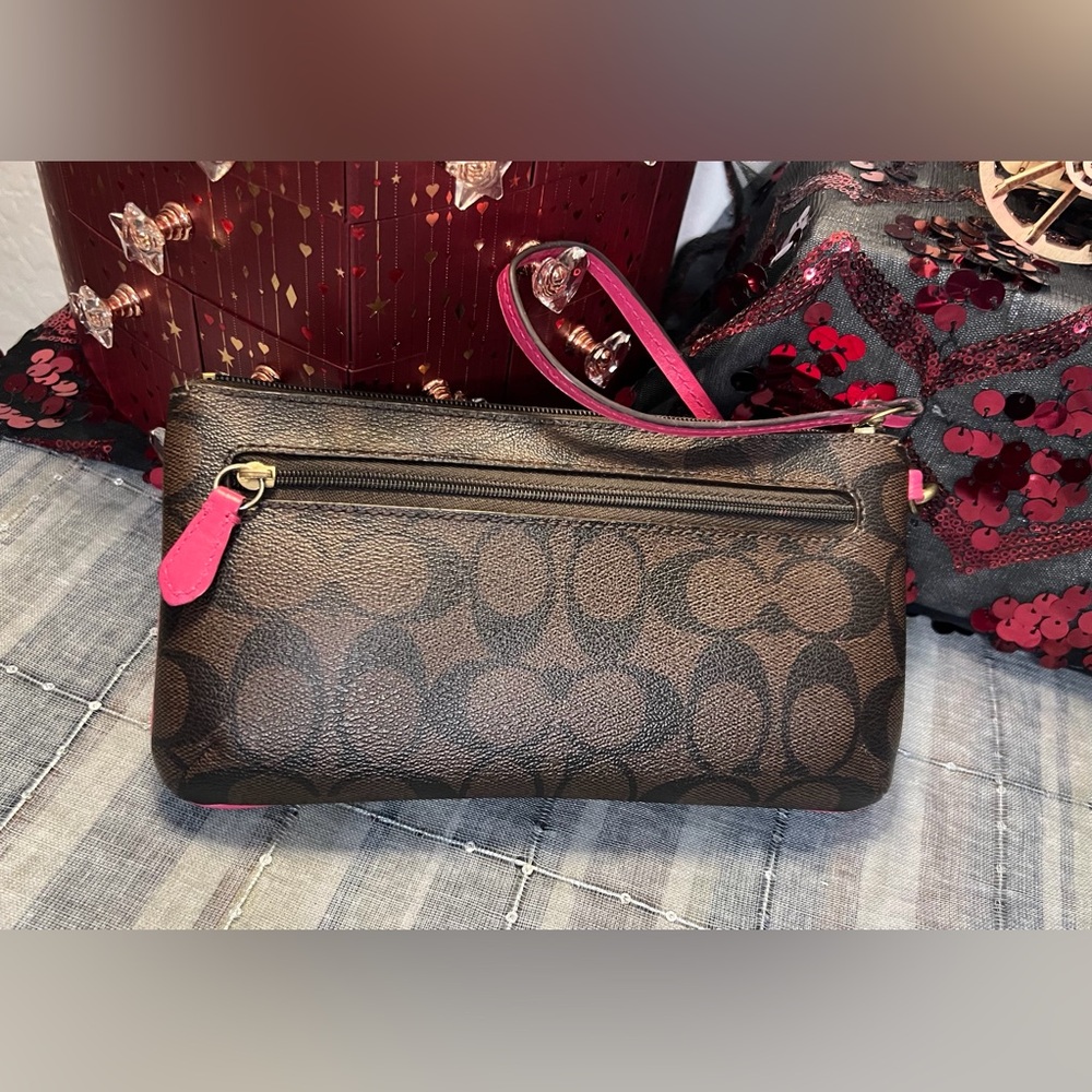 Coach Dark Brown Safiano Signature C Wristlet with Pink Trim - Picture 11 of 13